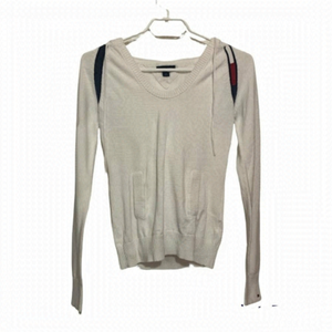 Classic Tommy Hilfiger White Knit Hoodie Sweater Logo Stripe Size Small